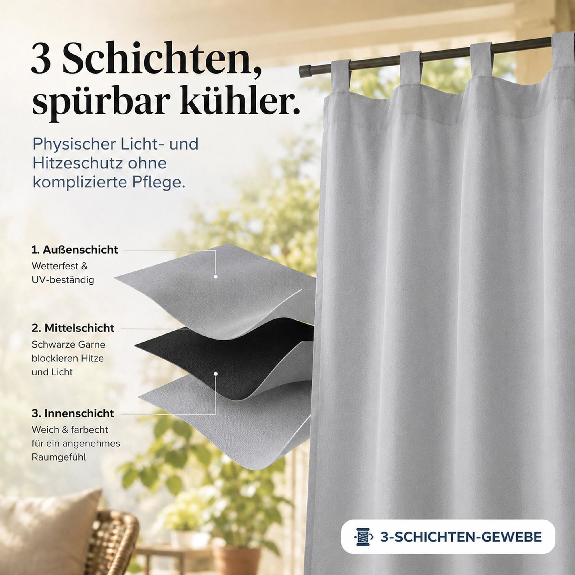 2Stk Outdoor Vorhang Wasserdicht mit Klettverschluss Schlaufen - Hellgrau Thermovorhang Blickdicht Garten Terrasse Pergola Balkon B*H: 132x241cm