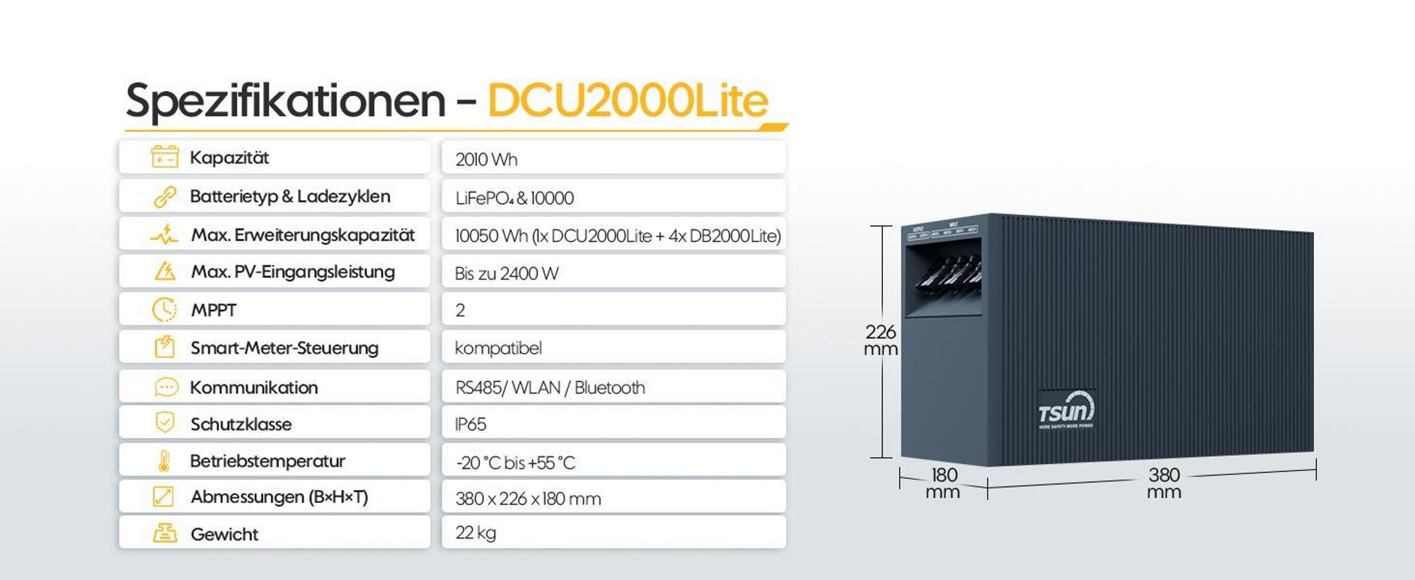 Balkonkraftwerk Speicher TSUN DCU2000Lite 2kWh (bis 10 kWh erweiterbar), 314Ah Industriezellen, 2400W PV Input mit Dual MPPT, Plug & Play (0% MwSt)