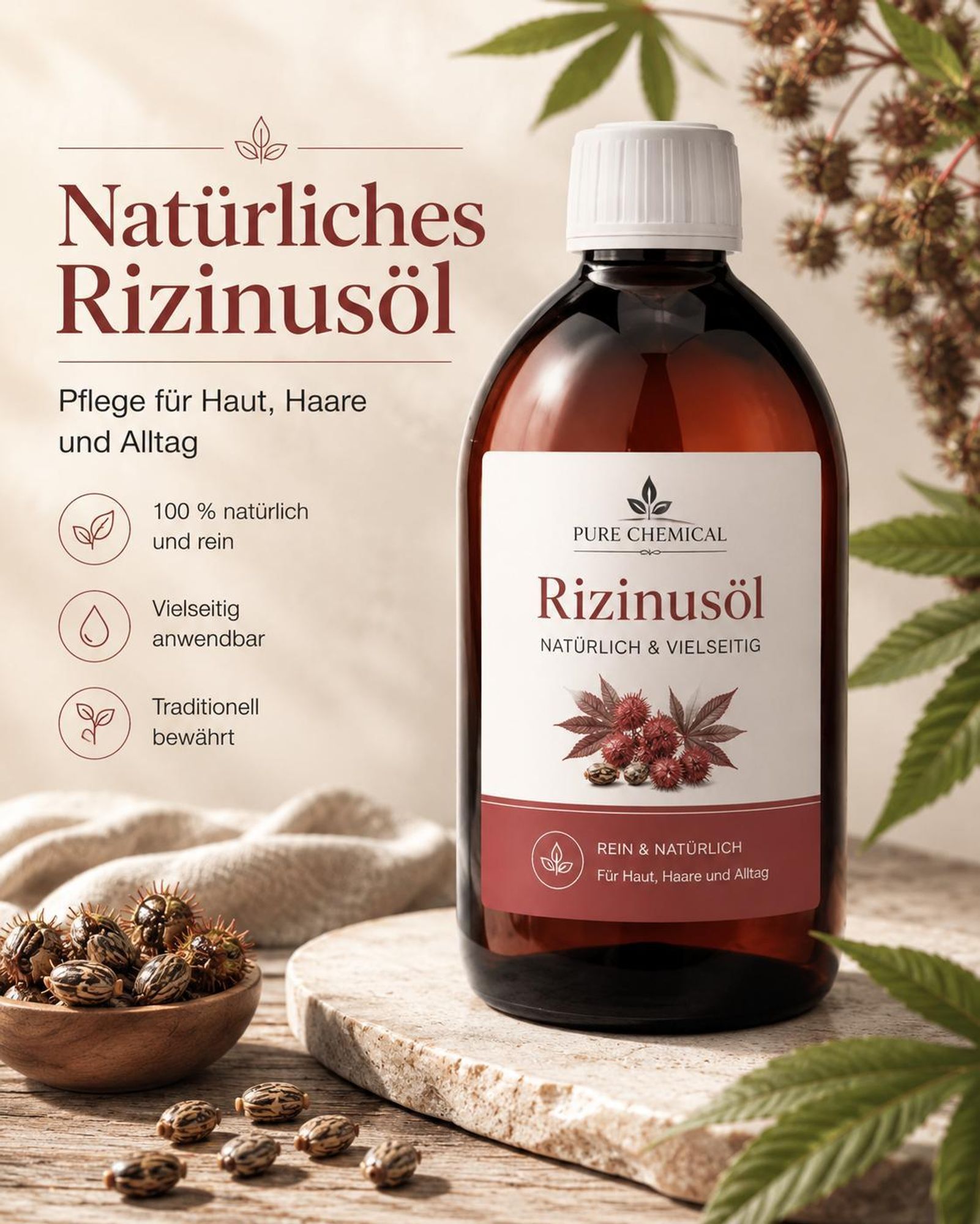 PURE CHEMICAL | Rizinusöl | unraffiniert | kaltgepresst | natürlich aus Indien | 1 L