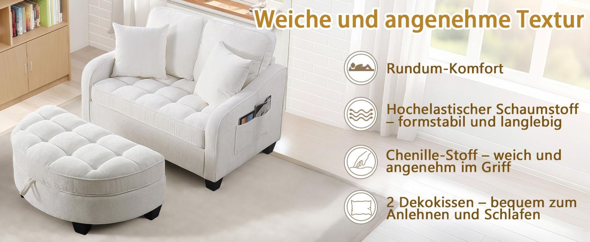 MODFU Multifunktionales Sofa Schlafsofa mit Aufbewahrungs-Hocker,Relaxsofa mit rutschfeste Kunststoffbeine,Beige