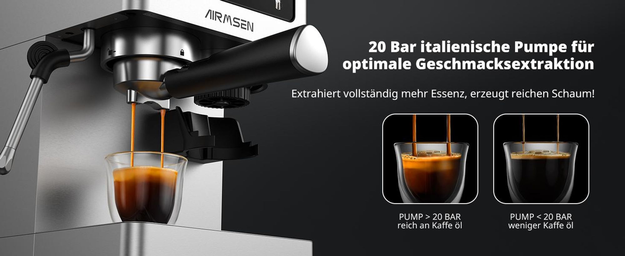 AIRMSEN Espressomaschine mit integriertem Mahlwerk, 20 Bar, Kaltbrühfunktion, individuell einstellbare Mahlgeschwindigkeit und Kaffeeflussmenge