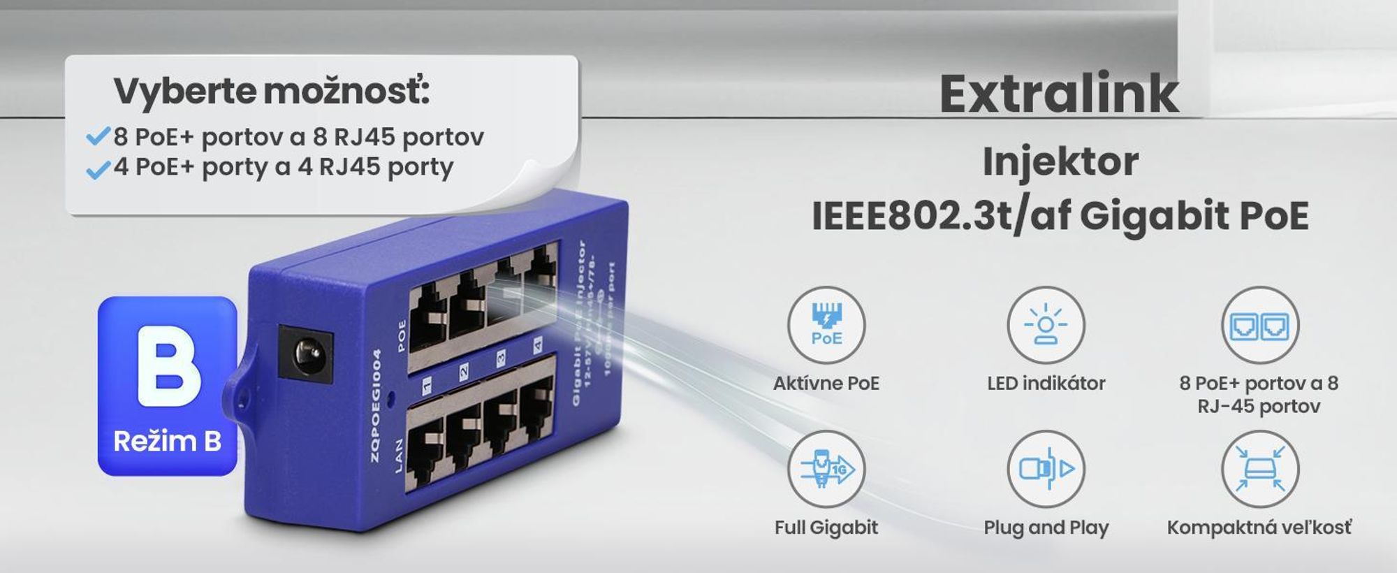 Extralink Gigabit PoE injektor 4 porty – 4x RJ45 1000 Mb/s, PoE adaptér pre IP kamery a LAN zariadenia