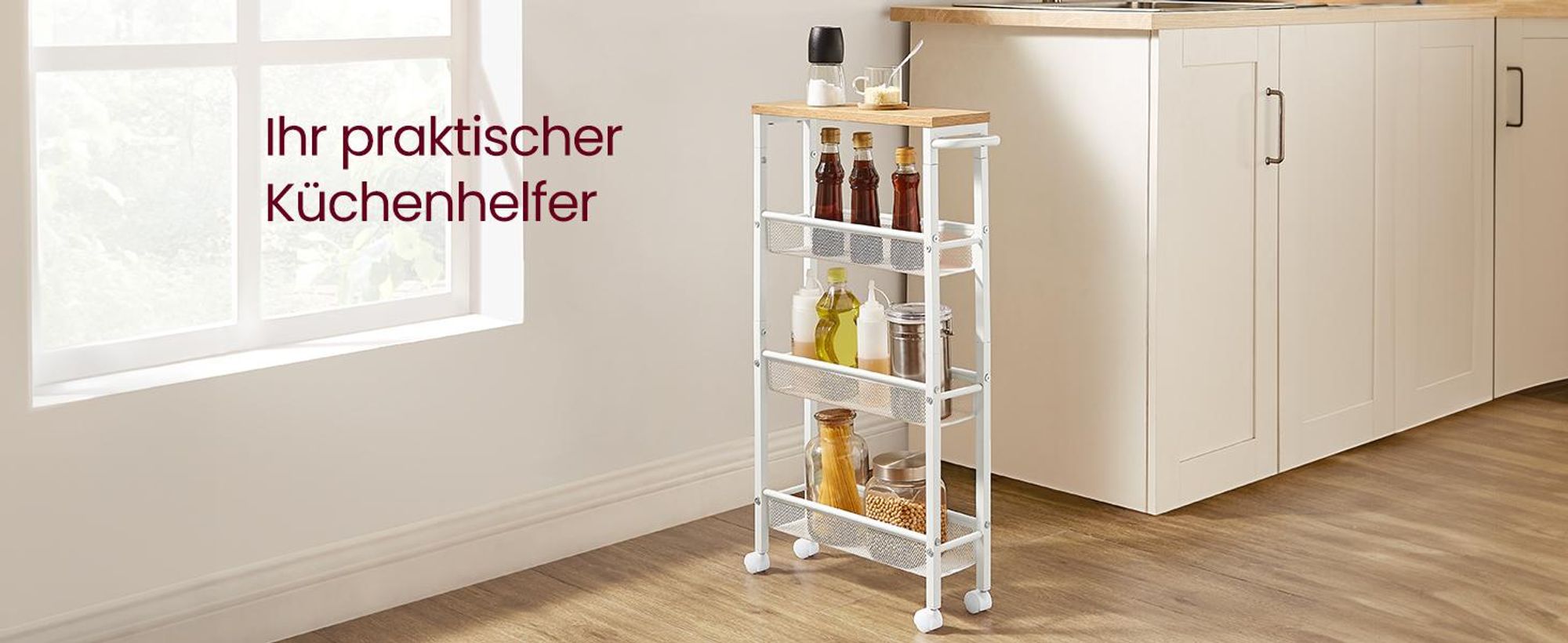 VASAGLE Rollwagen, Nischenregal auf Rollen, mit 4 Ebenen, für kleine Räume, 13cm Tiefe, Weiß
