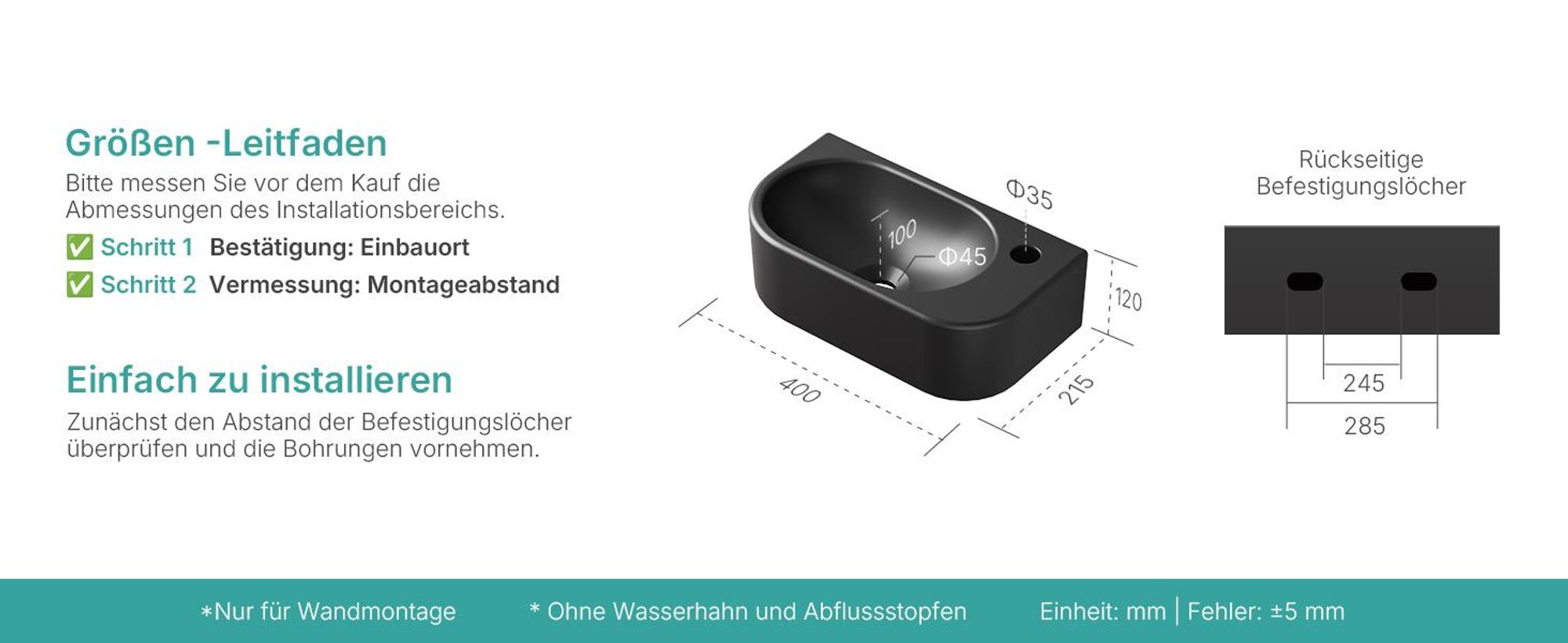 EMKE Eck-Wandwaschbecken – Kleines rechteckiges Aufsatzwaschbecken aus Keramik 400 x 215 x 120 mm mit Wasserhahnloch rechts Schwarz
