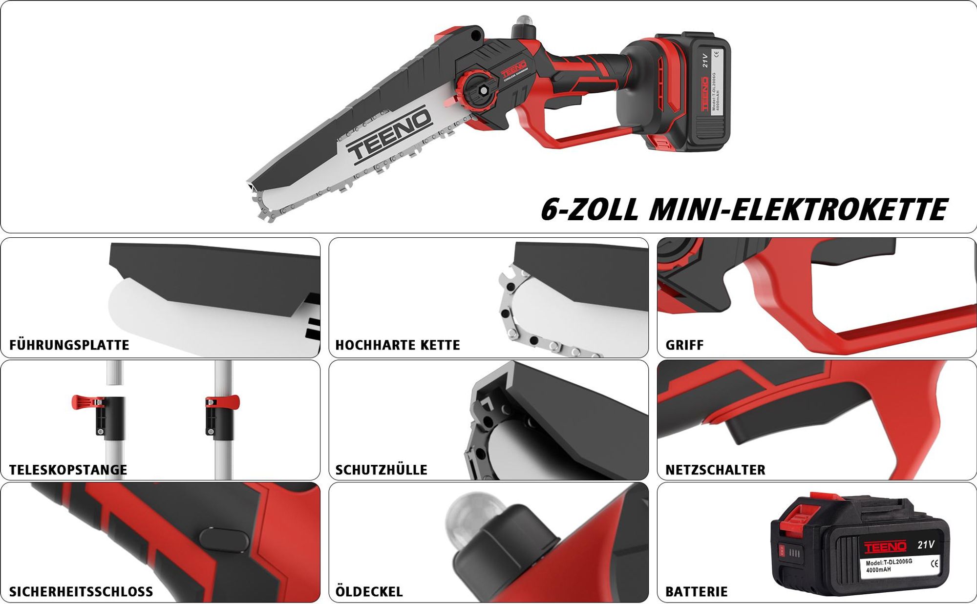 TEENO 2-in-1 Elektro-Kettensäge mit Teleskopstange, 2 Akkus 4000 mAh | 6 Zoll Kettensäge & Teleskop-Astschere, 180° verstellbarer Schneidkopf