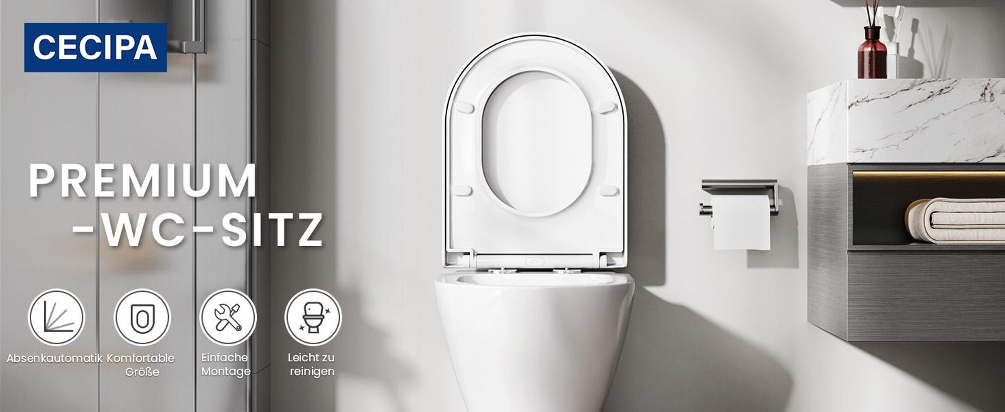 WC Sitz D Form 46 x 36 cm, Toilettendeckel Weiß mit Absenkautomatik, Soft Close, Schnellverschluss, abnehmbar, PP, 250 kg Tragkraft, Cecipa MAX