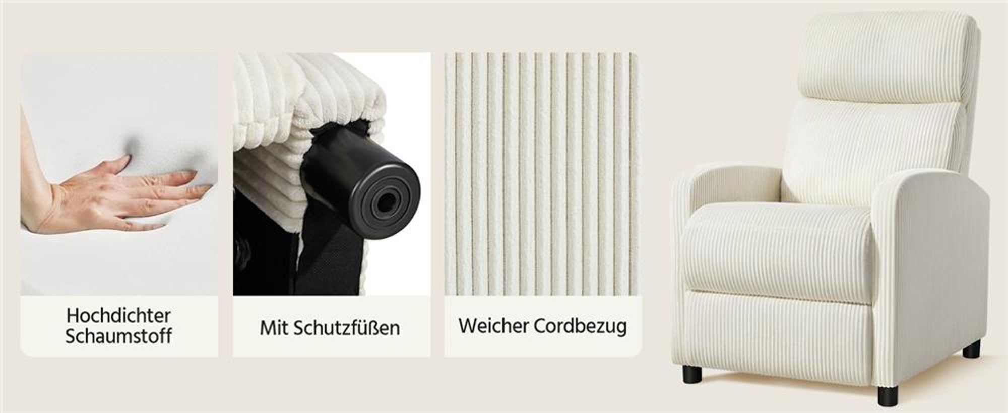 Yaheetech Fernsehsessel Relaxsessel aus Cordstoff mit Verstellbarer Beinablage, Beige