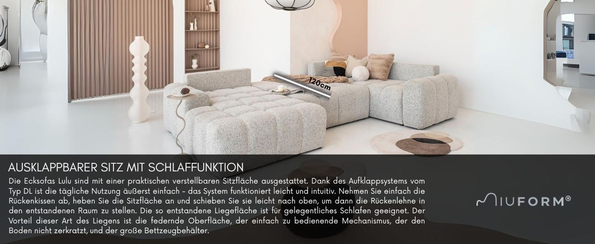 MIUFORM Lulu Ecksofa mit Bettfunktion und Bettkasten U-FORM RECHTS – 333 x 213 cm - Salz und Pfeffer- Sofa Schlafsofa Couch Modulsofa