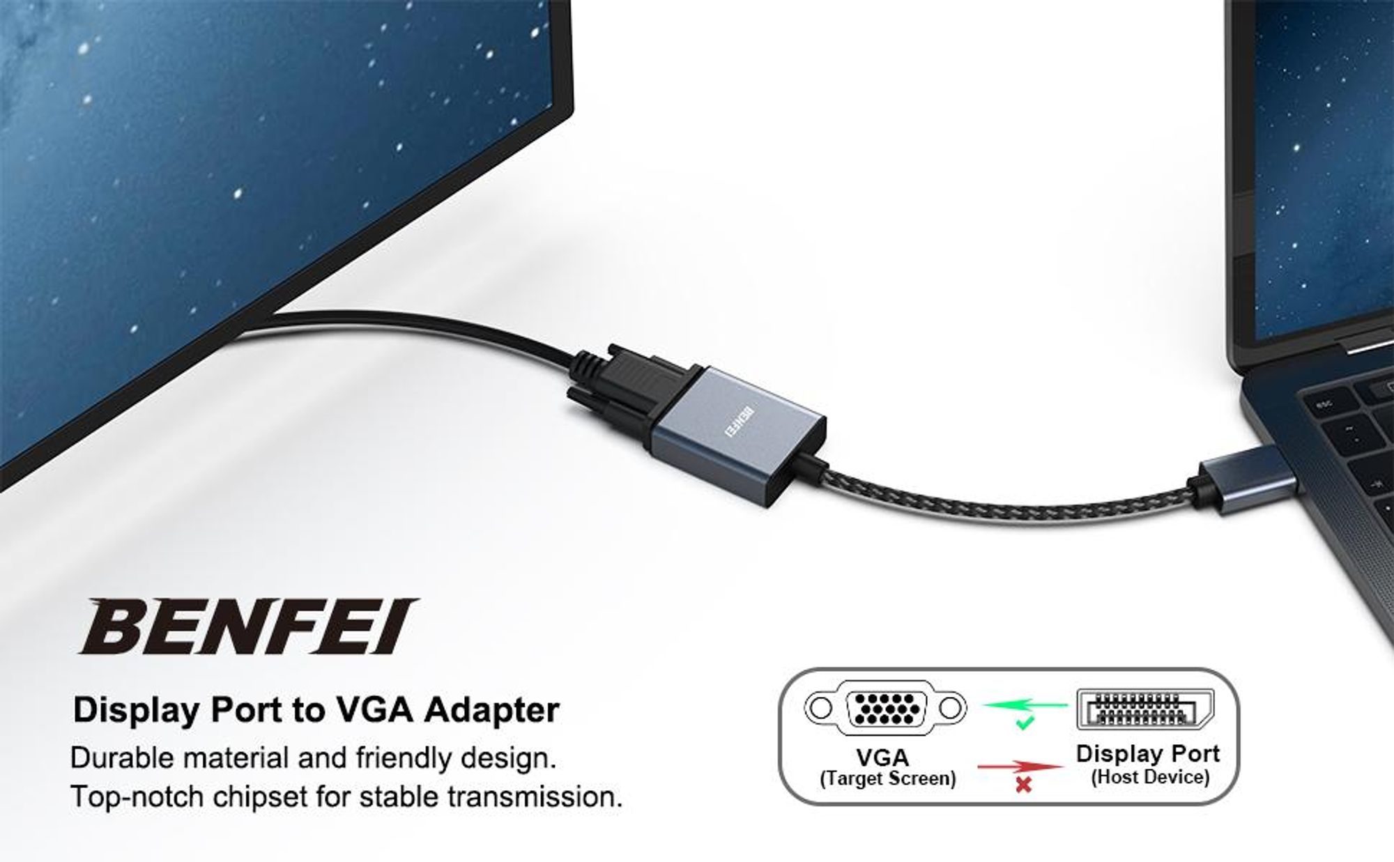 BENFEI Kabeladapter DisplayPort auf VGA Adapter DP zu VGA Konverter