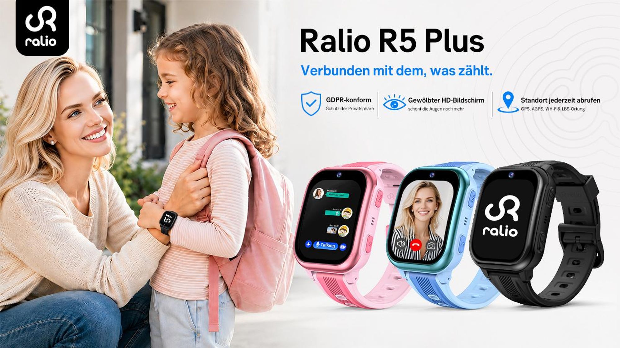 Ralio R5 Plus 4G Smartwatch Kinder mit gebogenem Ultra-HD-Display, GPS, SOS Taste, Videoanruf, Schulmodus, Geschenk für Mädchen Jungen