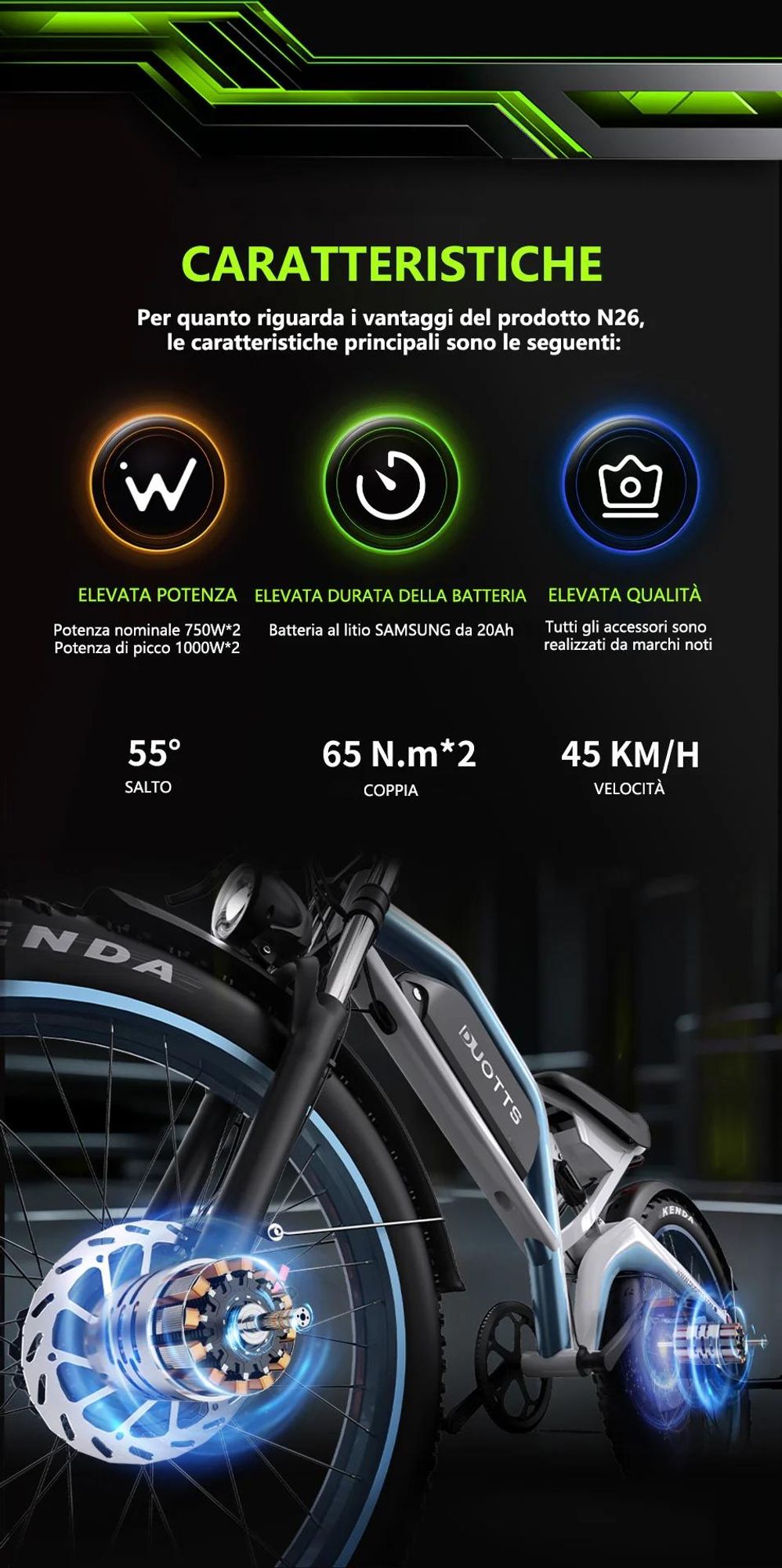 Duotts N26 E-bike - batteria 48V20AH 26x4.0 pollici pneumatici freni idraulici - Bianco blu