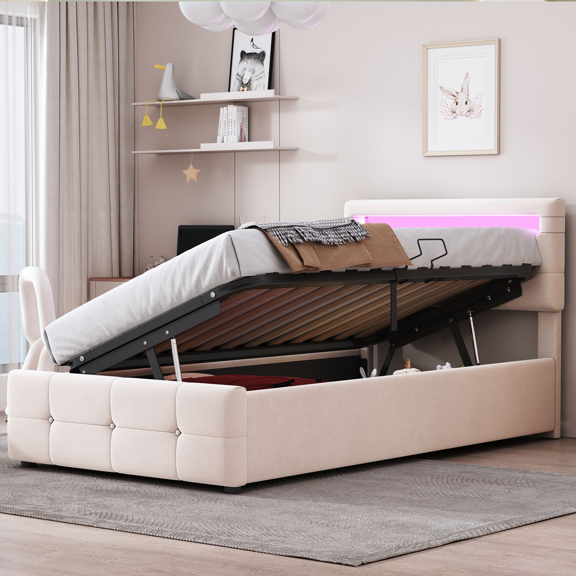 Flieks Hydraulisches Polsterbett 90x200cm mit LED, Jugendbett Einzelbett mit Lattenrost, Stauraumbett Boxspringbett höhenverstellbarem Kopfteil, Samt