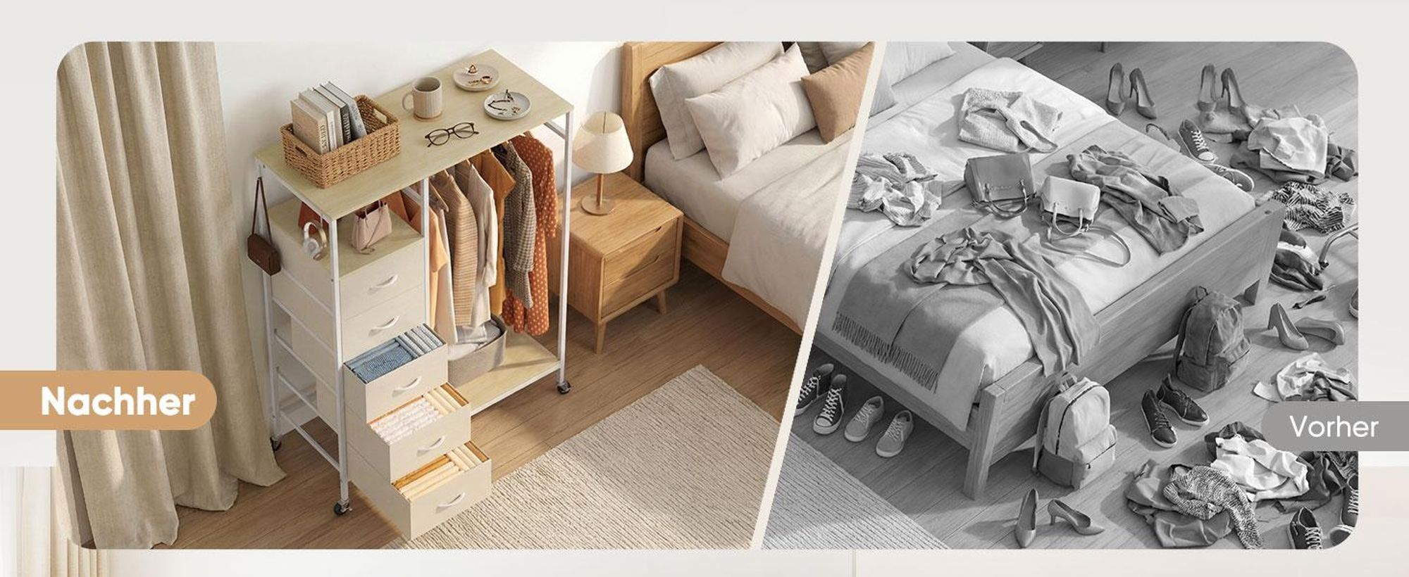 HOKEEPER fahrbarer Kleiderständer mit Schubladen, Haken, Beige, Offener Kleiderschrank, Kleiderstange