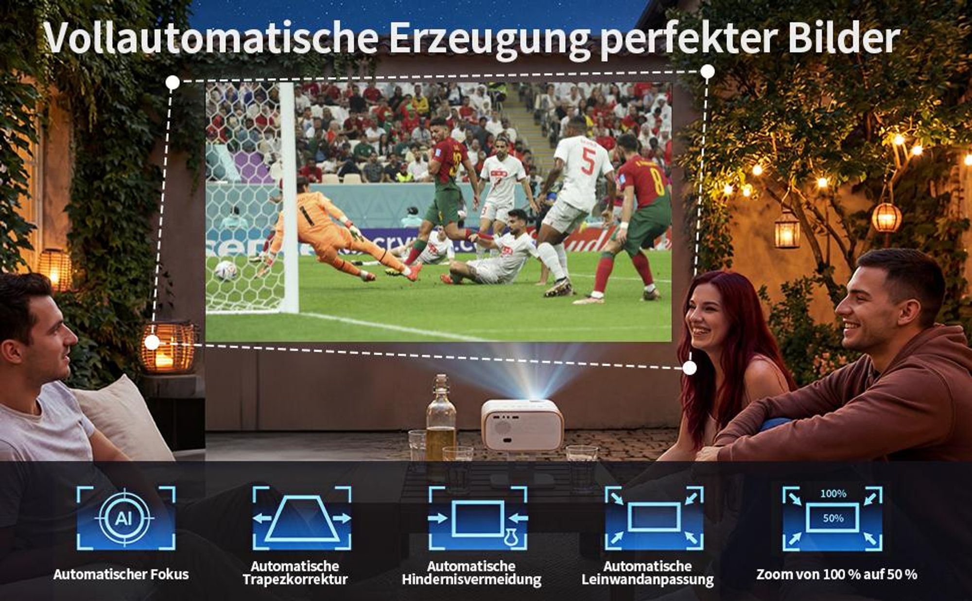 Beamer 4K Heimkino Mit Netflix lizenzierter (Autofokus)Mit Ständer Beamer, Full HD 1080P, Auto Trapezkorrektur, Auto Hindernisvermeidung