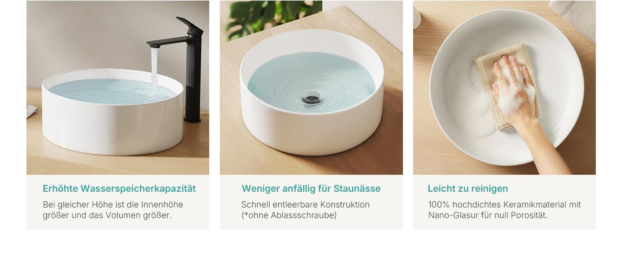EMKE Aufsatzwaschbecken Rund 352x352x112mm aus Keramik, glänzend weiß glasiert, ohne Hahnloch & Überlauf, Modernes Design für stilvolle Badezimmer