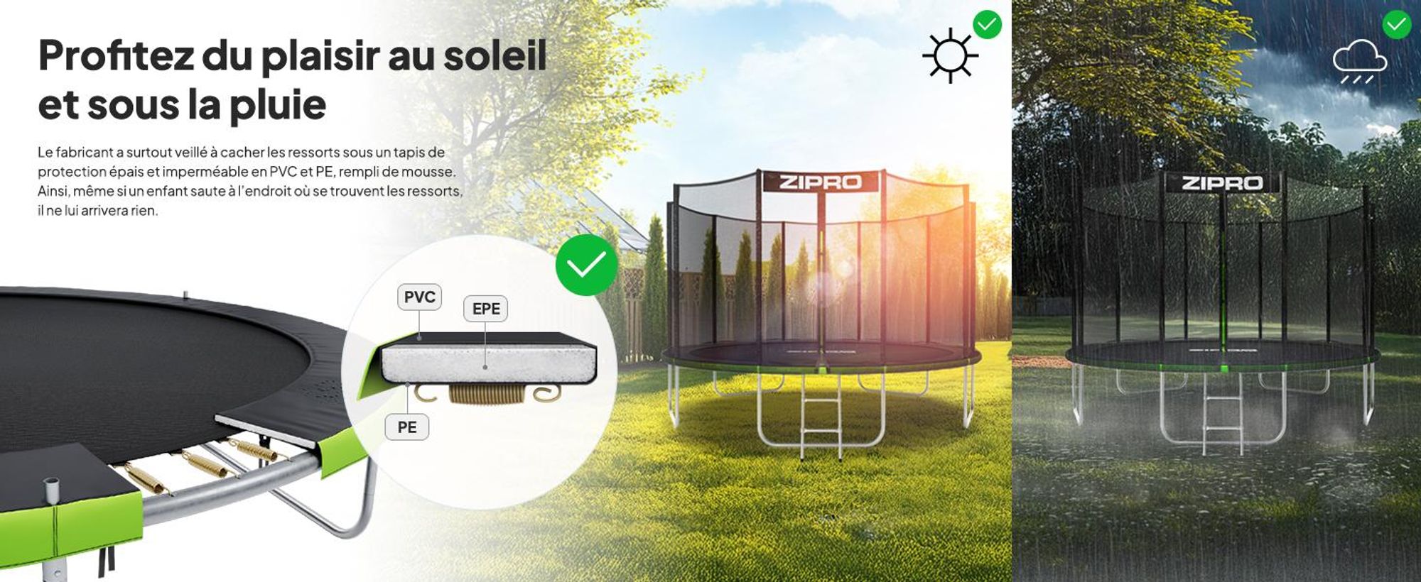 Trampoline ZIPRO Jump Pro Out | 6 pieds (Ø 183 cm) | Trampoline de jardin pour enfants, kit complet comprenant un filet de sécurité, une housse de protection, pour l'extérieur, vert