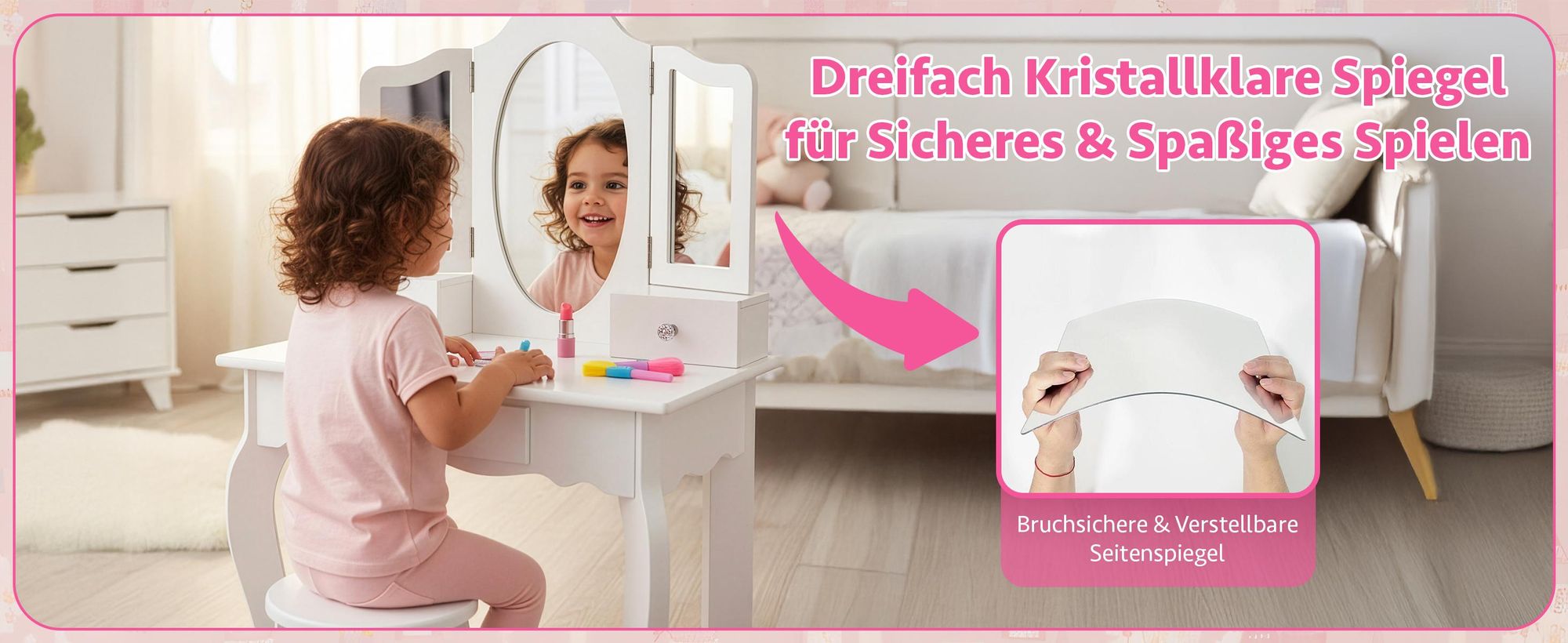Kinderschminktisch Holz Weiß mit Spiegel & Hocker – Frisiertisch mit 3 Schubladen, Aufklebern & Tattoos, für Mädchen ab 3 Jahren, 60x39x105,5 cm