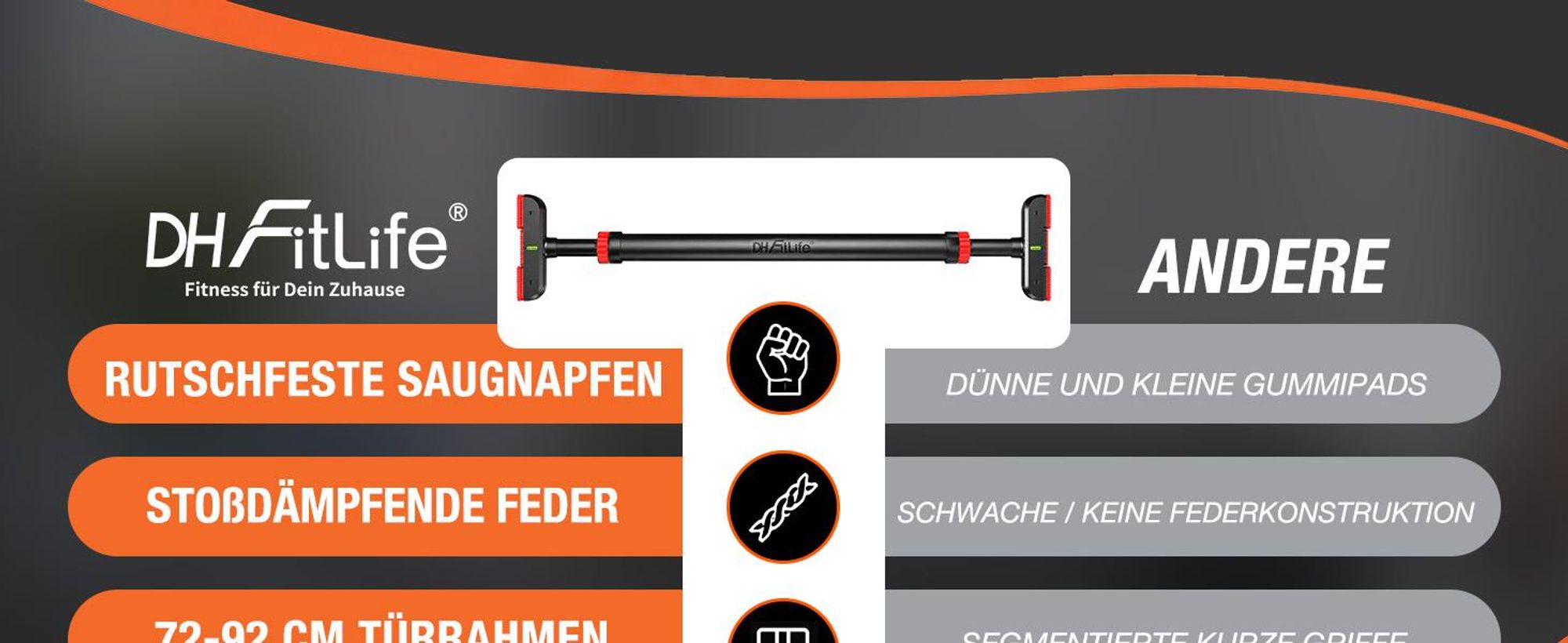 DH FitLife Klimmzugstange Türrahmen ohne Bohren, 72–92 cm, bis 200 kg, mit Wasserwaage, Doppelsicherung und Anti-Rutsch-Pads, Schwarz-Rot