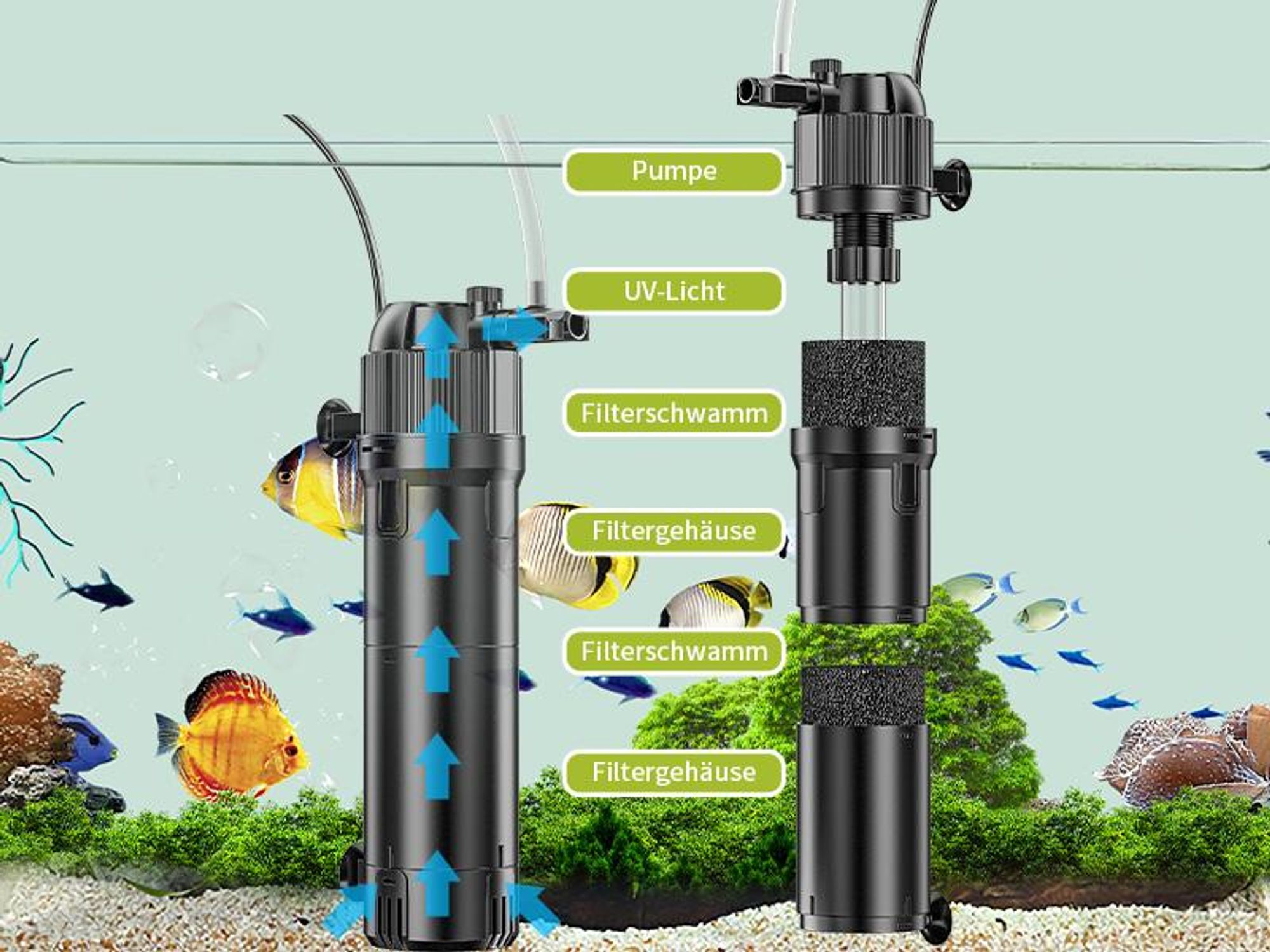 Forever Speed 5-in-1 Aquarium Innenfilter mit UVC Klärer 8 Watt, Aquarium Filter Pumpe inkl Einstellbarer Durchfluss 800L/h für 100-300L Aquarien