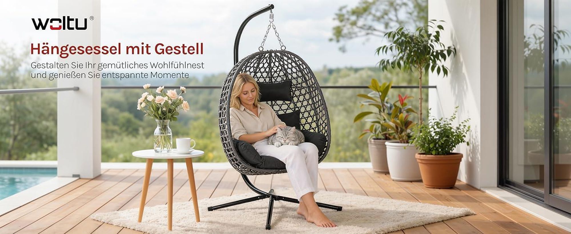 WOLTU Hängesessel mit Gestell bis 150 kg belastbar PE-Rattan, Schwarz