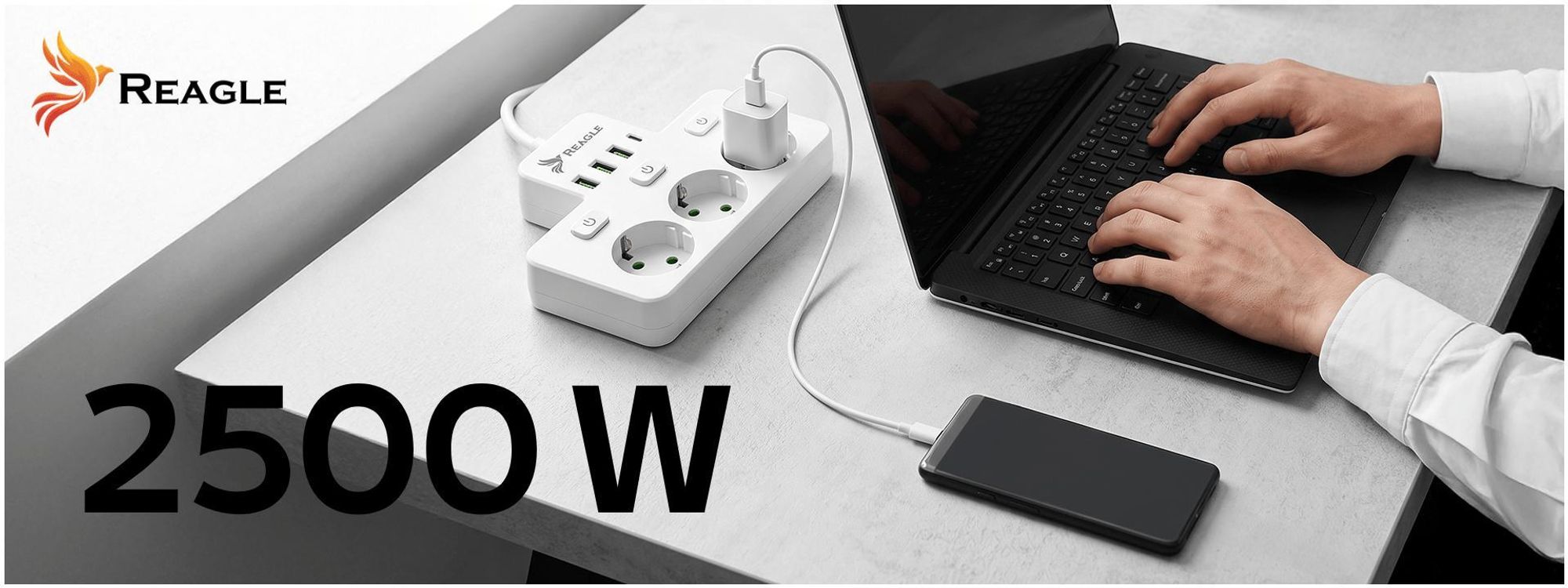 Reagle 3m Steckdosenleiste 3-fach einzeln schaltbar mit 4x USB (3x USB-A, 1x USB-C), Mehrfachsteckdose weiß, Verlängerungskabel 2500W