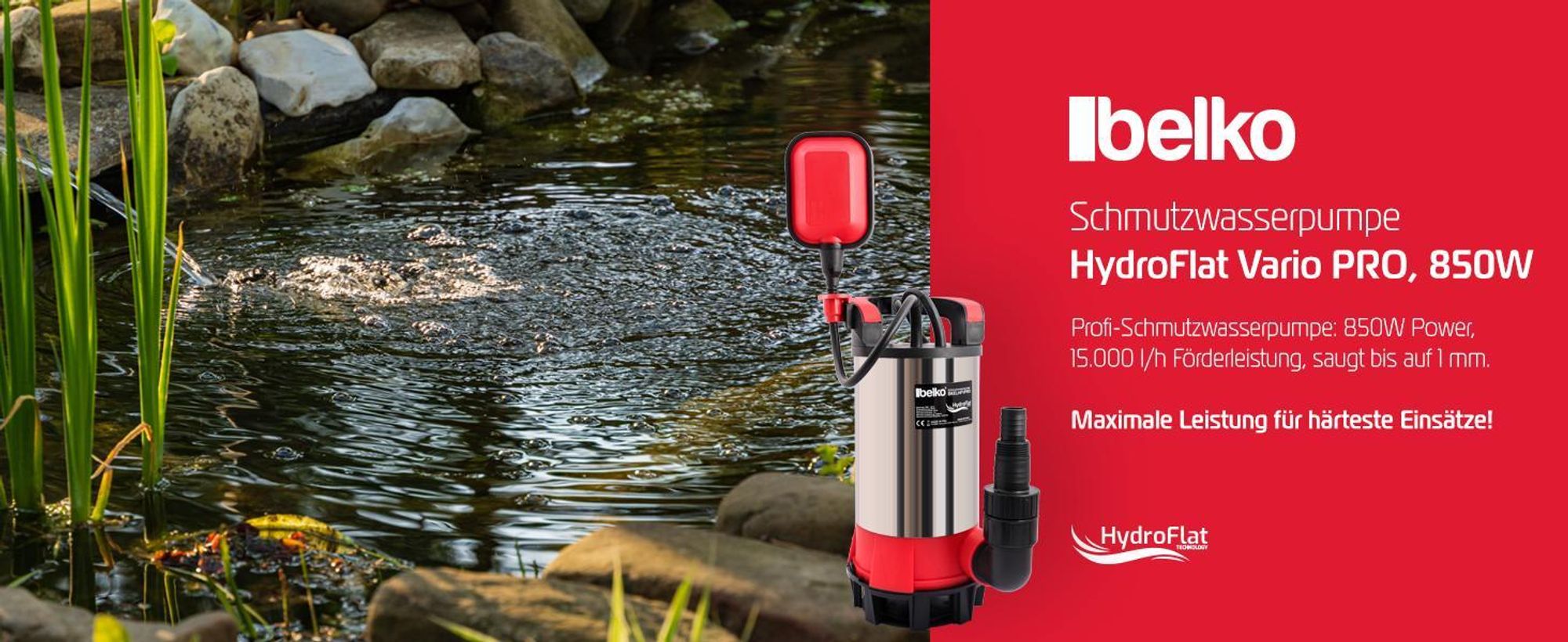 Belko® HydroFlat Vario Pro 850W – Flachsaugend bis 1 mm, 15.000 l/h, Edelstahlgehäuse, Schwimmerschalter, Anschlüsse Ø 25/32/11/2 Zoll, ideal für Keller, Pool, Baustelle und Schmutzwasser