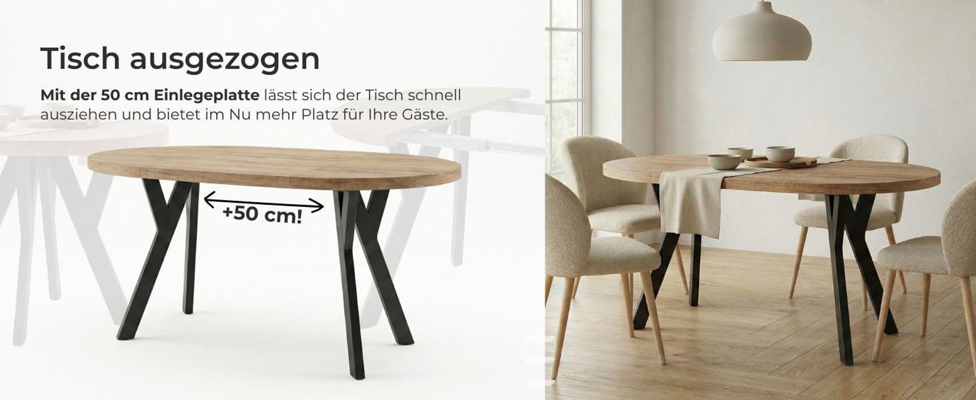 Runder Ausziehbarer Tisch für Esszimmer, PERO, Loft-Stil, Skandinavische, Durchmesser: 120 / 220 cm, Farbe: Eiche Craft Gold / Schwarz