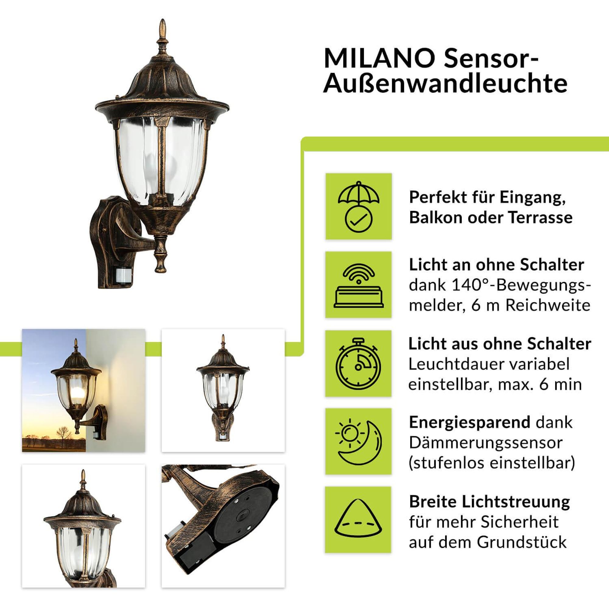 Highlights der MILANO Wandleuchte in Kupfer Antik