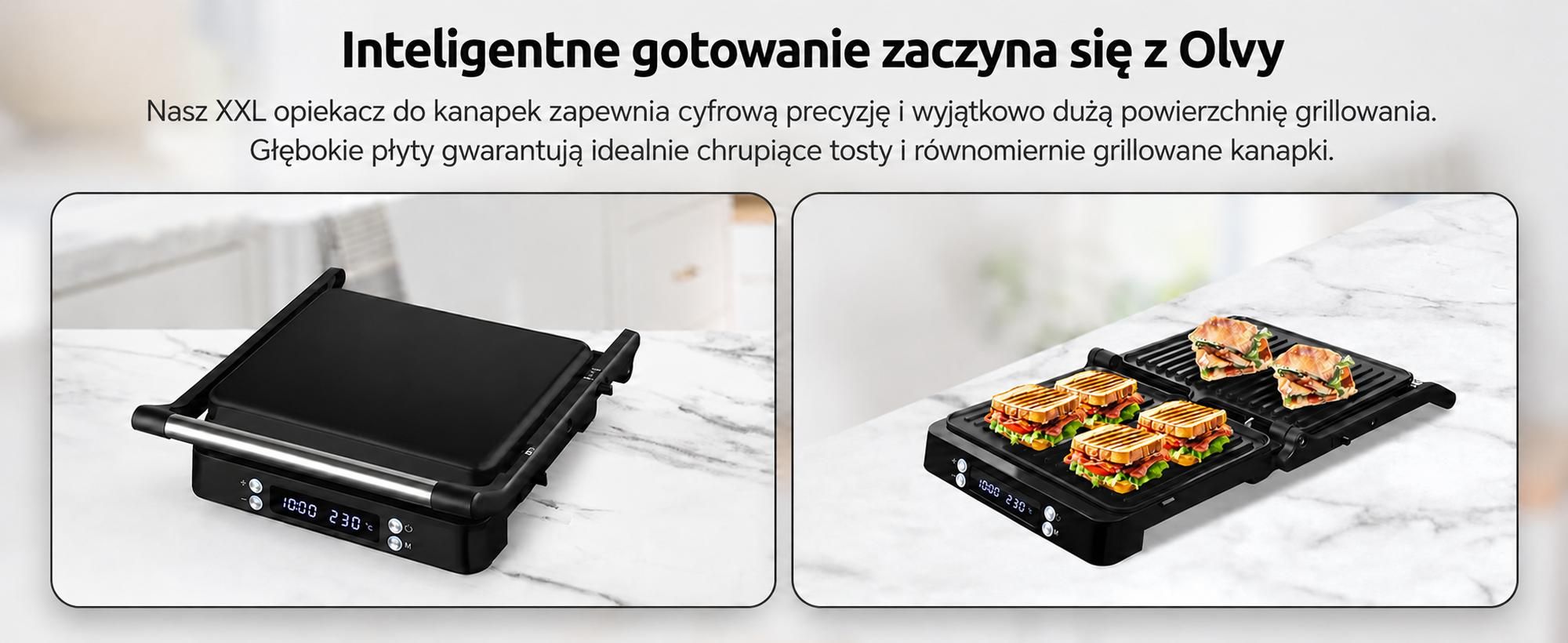 Grill kontaktowy Olvy XXL 2000W - opiekacz do 4 kanapek, opiekacz do panini z 7 programami, grill stołowy z wyświetlaczem, bez PFAS, regulacja do 230°