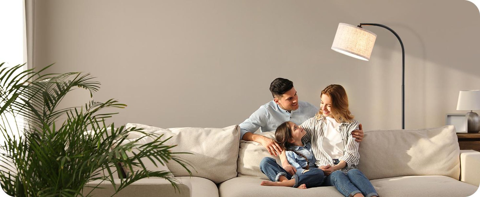 EDISHINE Bogenlampe Stehlampe mit Verstellem & LED Glühbirne & Fußschalter, Bogenleuchte mit Beigen Leinen-Lampenschirm