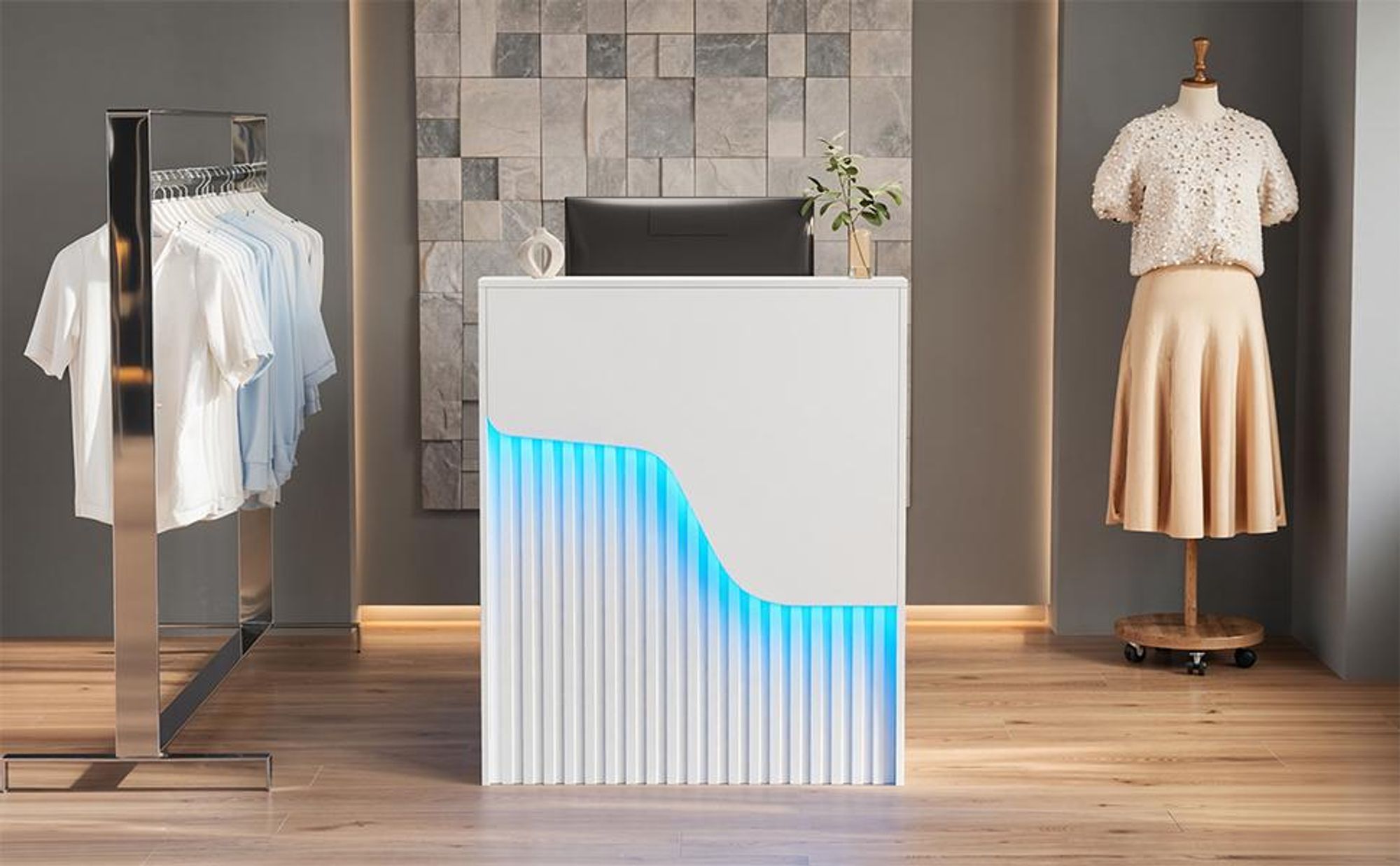 Empfangstheke mit LED-Beleuchtung, Moderner Rezeptionstresen mit abschließbarer Schublade, Kompakter Empfangstisch für Salon, Büro, Hotel und Geschäft