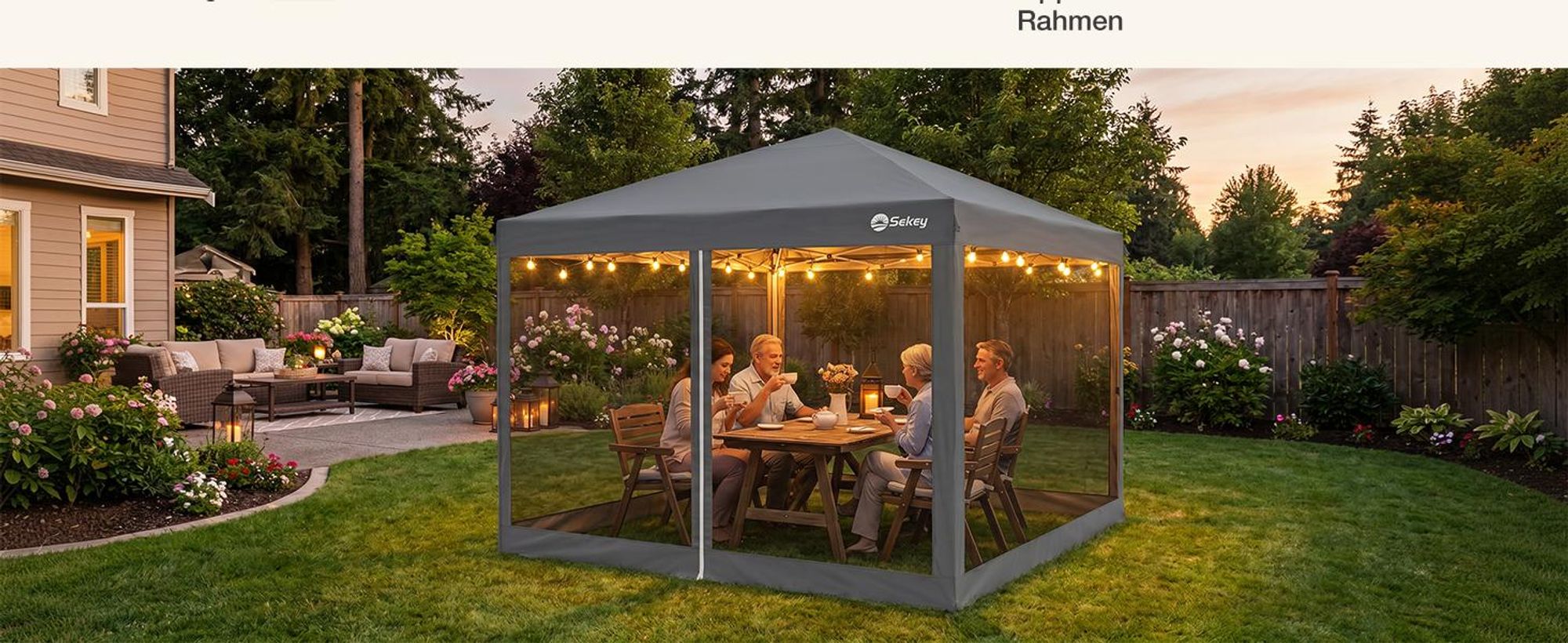 Sekey Faltpavillon 3x3m Pop Up Pavillon mit Moskitonetz, Wasserdichter Gartenpavillon höhenverstellbar inkl. 4 Sandsäcke für Garten Party Camping