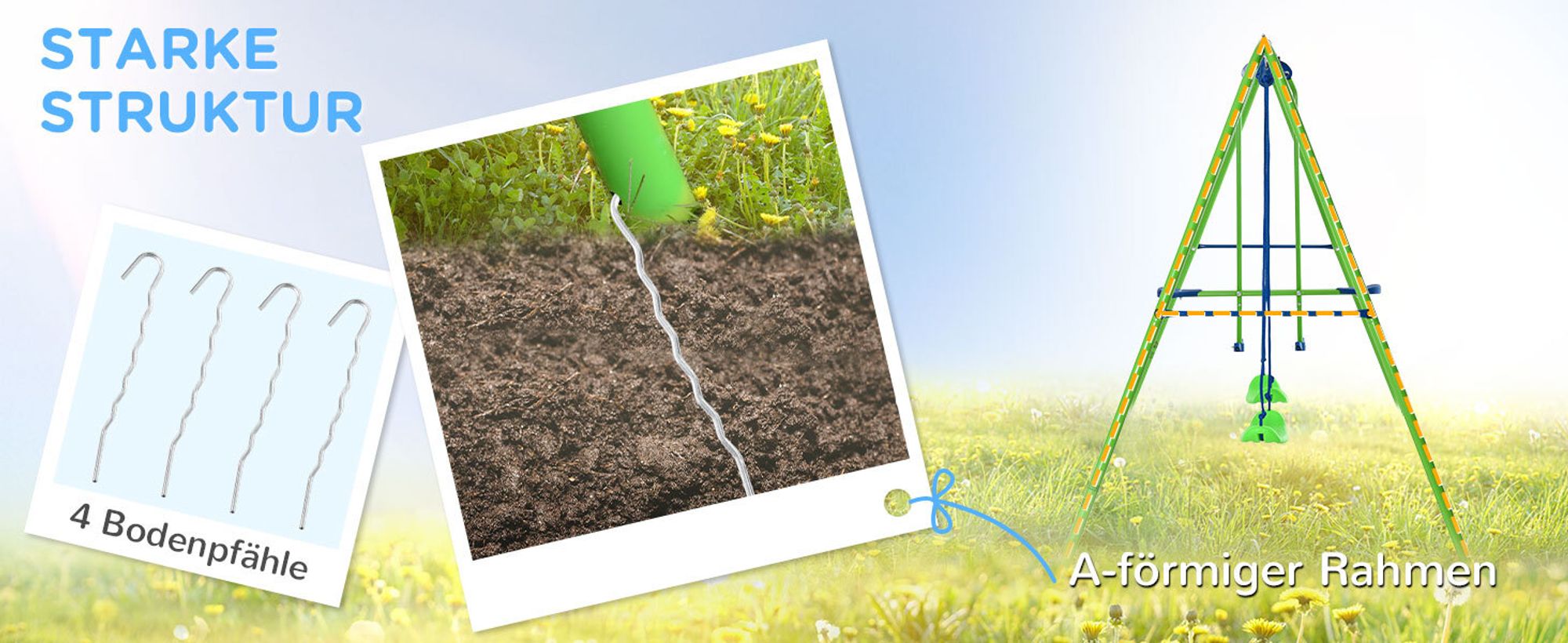 Outsunny Schaukelgestell, Outdoor-Schaukelgerüst mit 2 Schaukeln, 1 Wippe, Grün