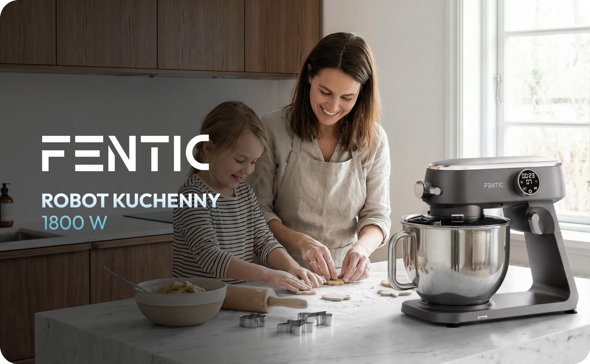 Fentic Robot Kuchenny 1800W, Misa nierdzewna 7L, Mikser planetarny do ciasta na chleb i pizzę, 10 prędkości z timerem & osłona przeciwbryzgowa