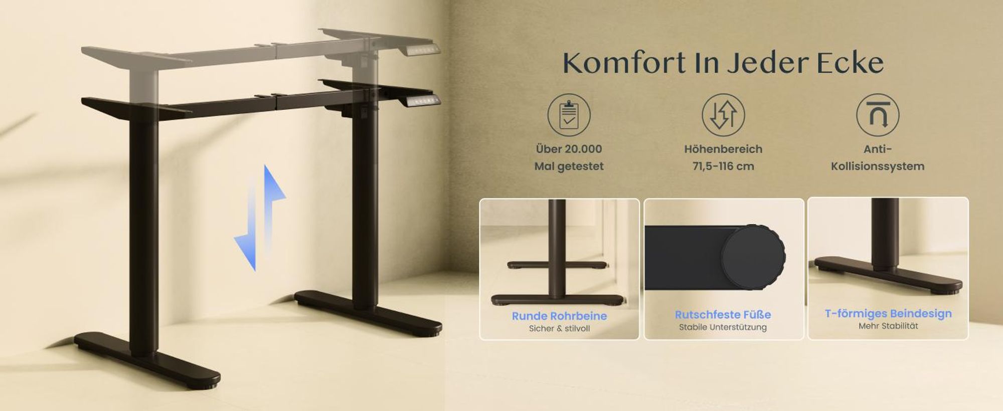 FLEXISPOT CylineX Höhenverstellbarer Schreibtisch mit elegant abgerundeten Tischbeinen 80 kg Tragkraft 4 Memory-Funktion, Antikollisionsschutz Schwarz