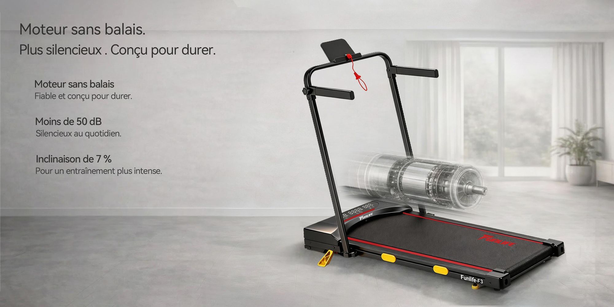FunLife F3, tapis de course pliable, tapis de marche silencieux de 1 à 10 km/h avec moteur sans balais, inclinaison de 7 %, corde de sécurité et système de double poignée, capacité maximale de 120 kg
