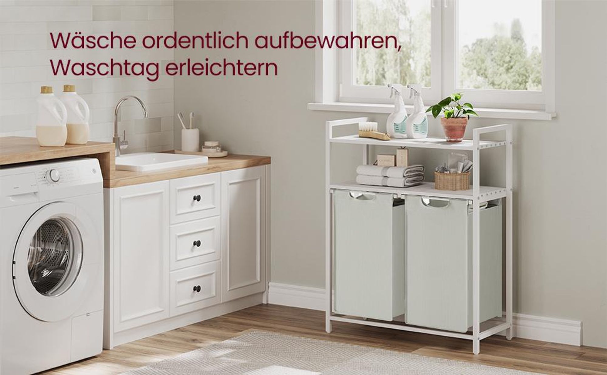 VASAGLE Wäschekorb, 2 Fächer, 2 Ablagen, einfach abnehmbar, 2 x 46 Liter