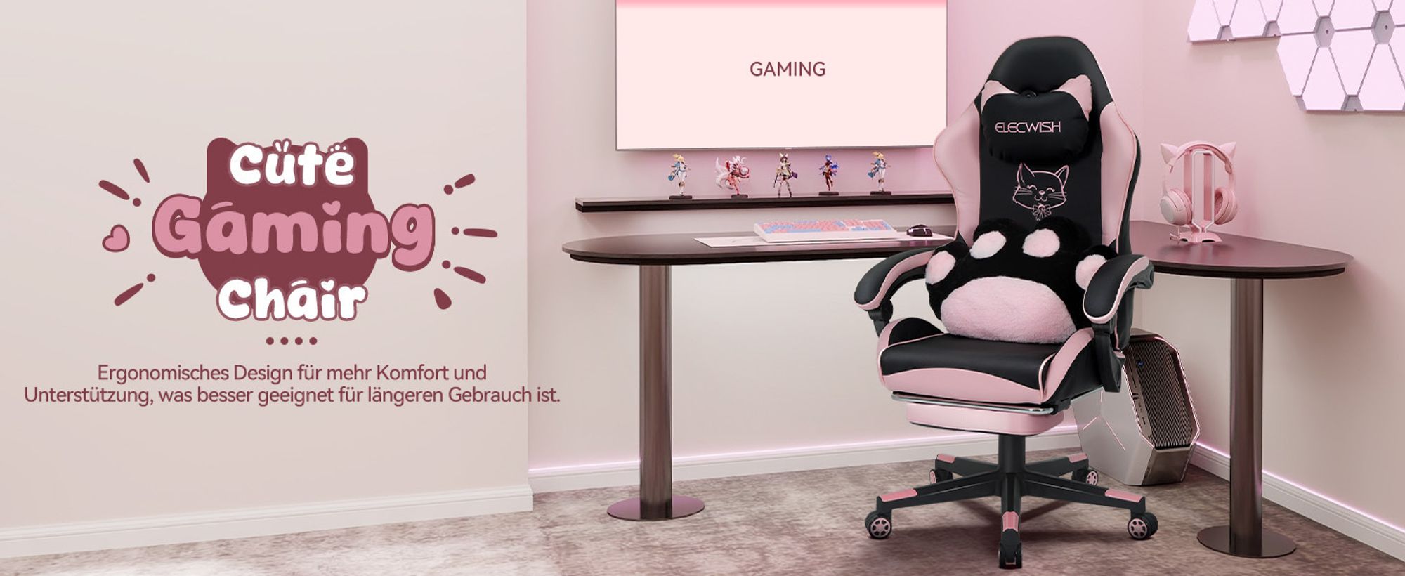 Puluomis Gaming Stuhl mit Fußstütze, Bürostuhl Chefsessel Schreibtischstuhl Racing Stuhl ergonomisch drehbar höhenverstellbar Katze Schwarz Pink