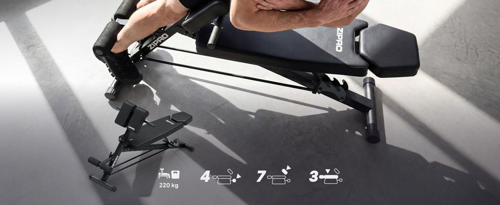 ZIPRO Core Rookie, nastavitelné posilovací lavice – opěrka na biceps, lavice s opěradlem, lavice pro posilování zad, negativní lavice, plochá lavice, multifunkční posilovací stanice, fitness lavice, nosnost 220 kg