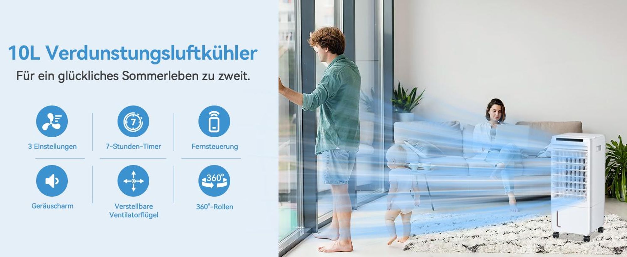 Puluomis 3-in-1 Luftkühler Ventilator mit Wasserkühlung, Verdunstungskühler, Mobile Klimageräte mit 7H Timer, 7L