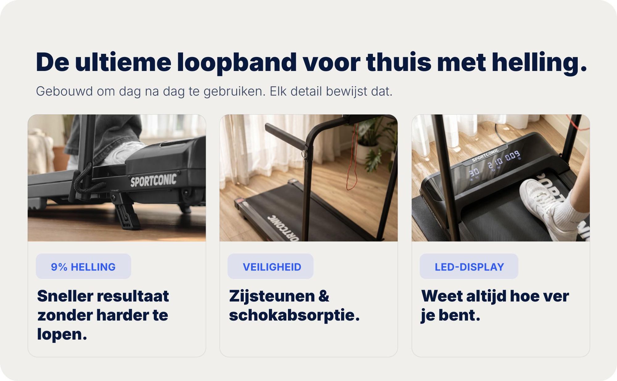 Sportconic Elektrische Loopband, 12 km/u, Opvouwbare loopband voor thuis of op kantoor, 9% helling, LED-display, tablet houder