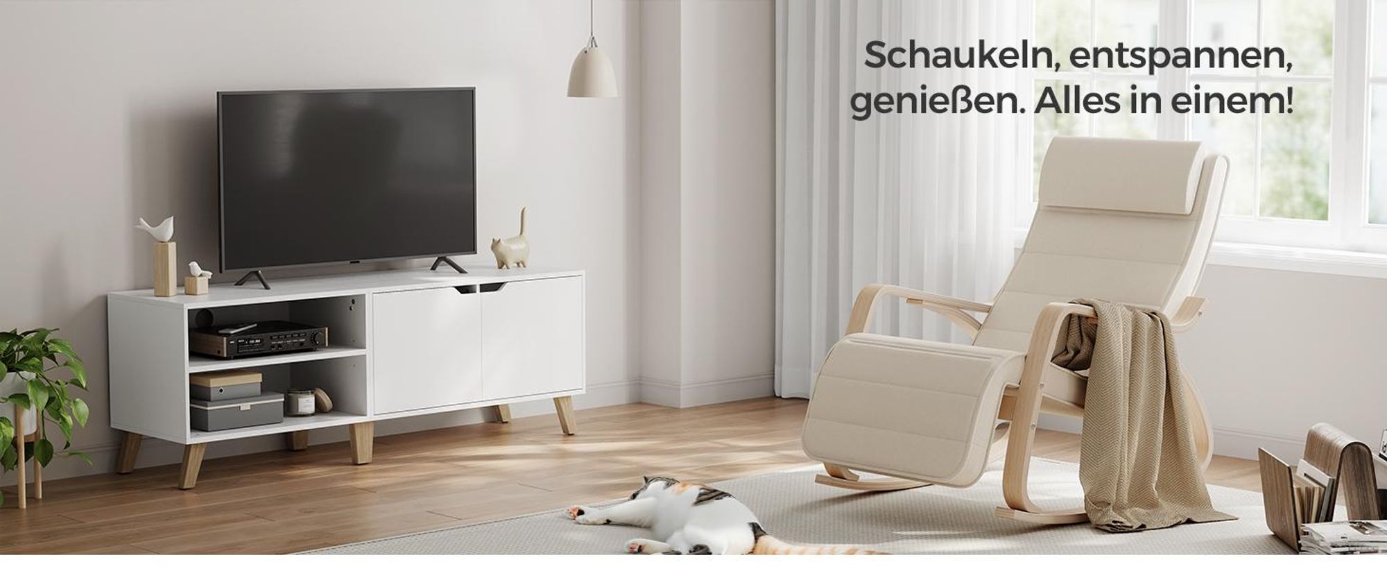 SONGMICS Relaxsessel Schaukelsessel, Relaxstuhl, verstellbare Fußstütze, Beige-Naturfarben