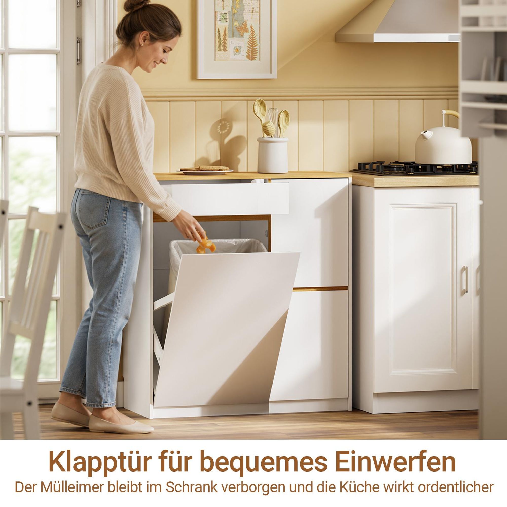 SoBuy Mülleimer Schrank mit 3-fach Mülltrennsystem, Küchenschrank mit Abfalleimer und Schublade, Sideboard in Weiß FSB111-WN