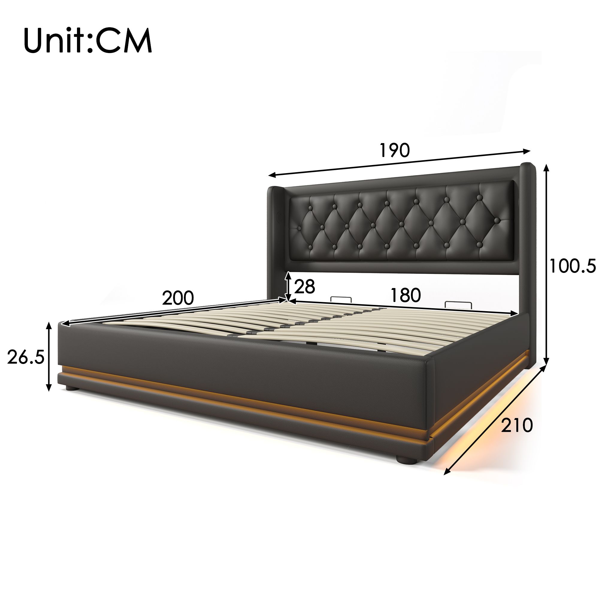 Flieks Polsterbett 180x200cm mit USB & Typ-C, Doppelbett Jugendbett mit LED, Hydraulisches Stauraumbett Boxspringbett mit Lattenrost, PU, Schwarz