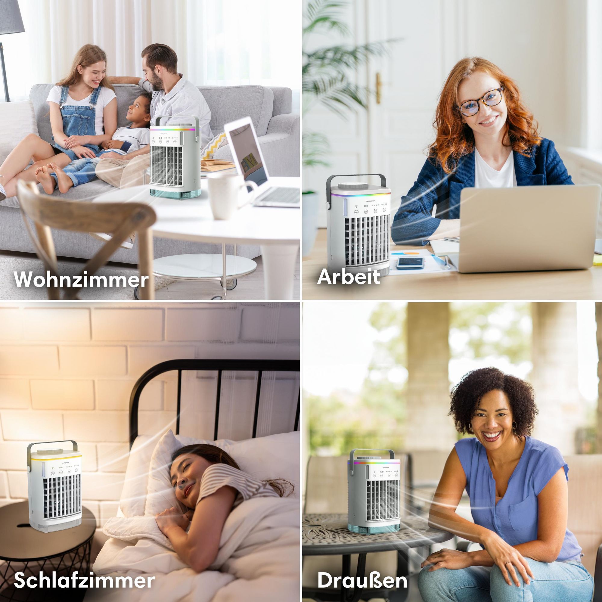 Vulpes Goods Mini-Klimaanlage, Mobile Klimaanlage, Luftkühler 4-in-1, 4 Windgeschwindigkeiten, 2 Luftbefeuchtungsmodi, Timer, Auslaufsicher