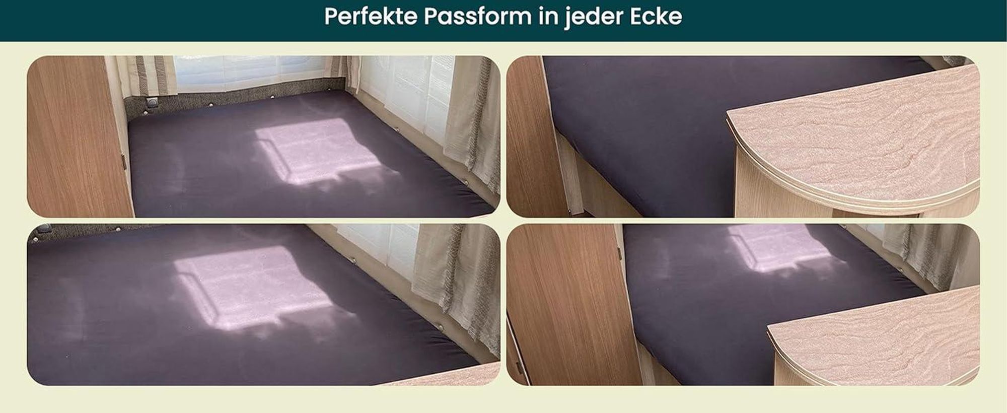 Praktische Fotos, die das Spannbettlaken auf einer Queen-Size-Wohnmobilmatratze zeigen.