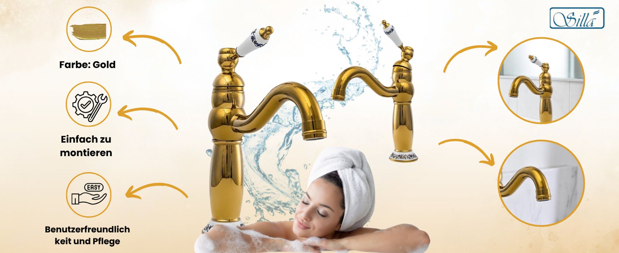 Silla, Gold, Armatur, Bad, Spültischarmatur, Wasserhahn Bad, Wasserhahn, Messing