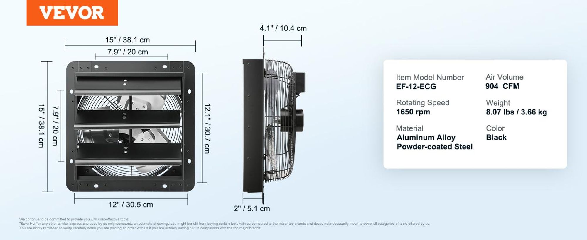 VEVOR Rollladen-Abluftventilator, 406 mm mit Temperatur- und Feuchtigkeitsregler, EC-Motor, 1747 CFM, variabel einstellbarer Wandmontage-Dachventilator, Belüftung und Kühlung für Gewächshäuser, Garagen, Schuppen, 12 Zoll