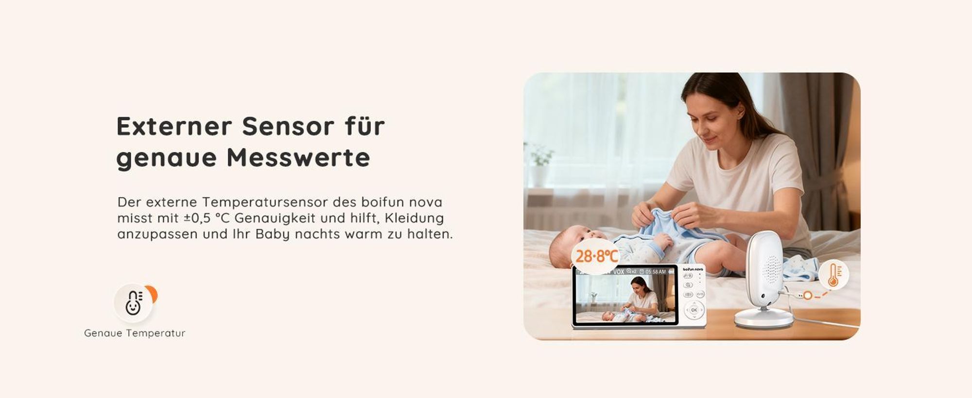 Babyphone mit Kamera, 5", VOX, Temperaturüberwachung, Gegensprechfunktion, IR-Nachtsich, weiß