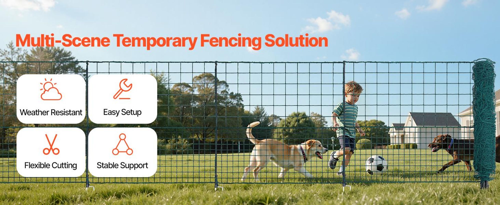 VEVOR Temporäres Zaun mit Pfosten, 0,9 x 50 m Kunststoffnetz-Zaun, Gartensicherheitszaun mit Doppelspitzpfählen & Abspannseilen, Temporärer Zaun für Hunde, Hühner, Pflanzen, Außenbereiche, 25x1.25 m